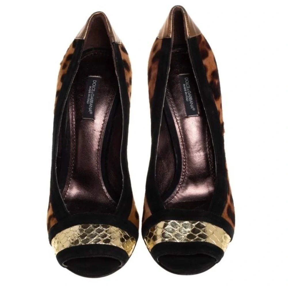 Dolce & gabbana / pony calf hair leopard multi peep open toe pumps 39 9 heels